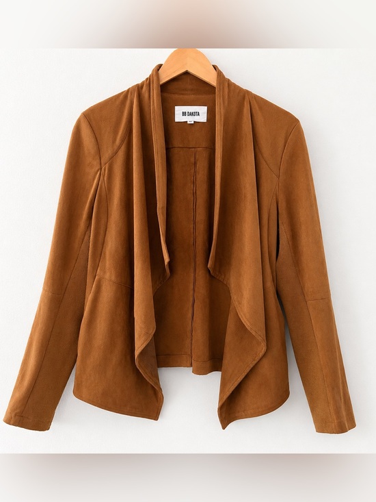 BB Dakota Jackets & Blazers - BB Dakota Faux Suede Drape Front Jacket Medium Cognac Open Front Stretch Knit